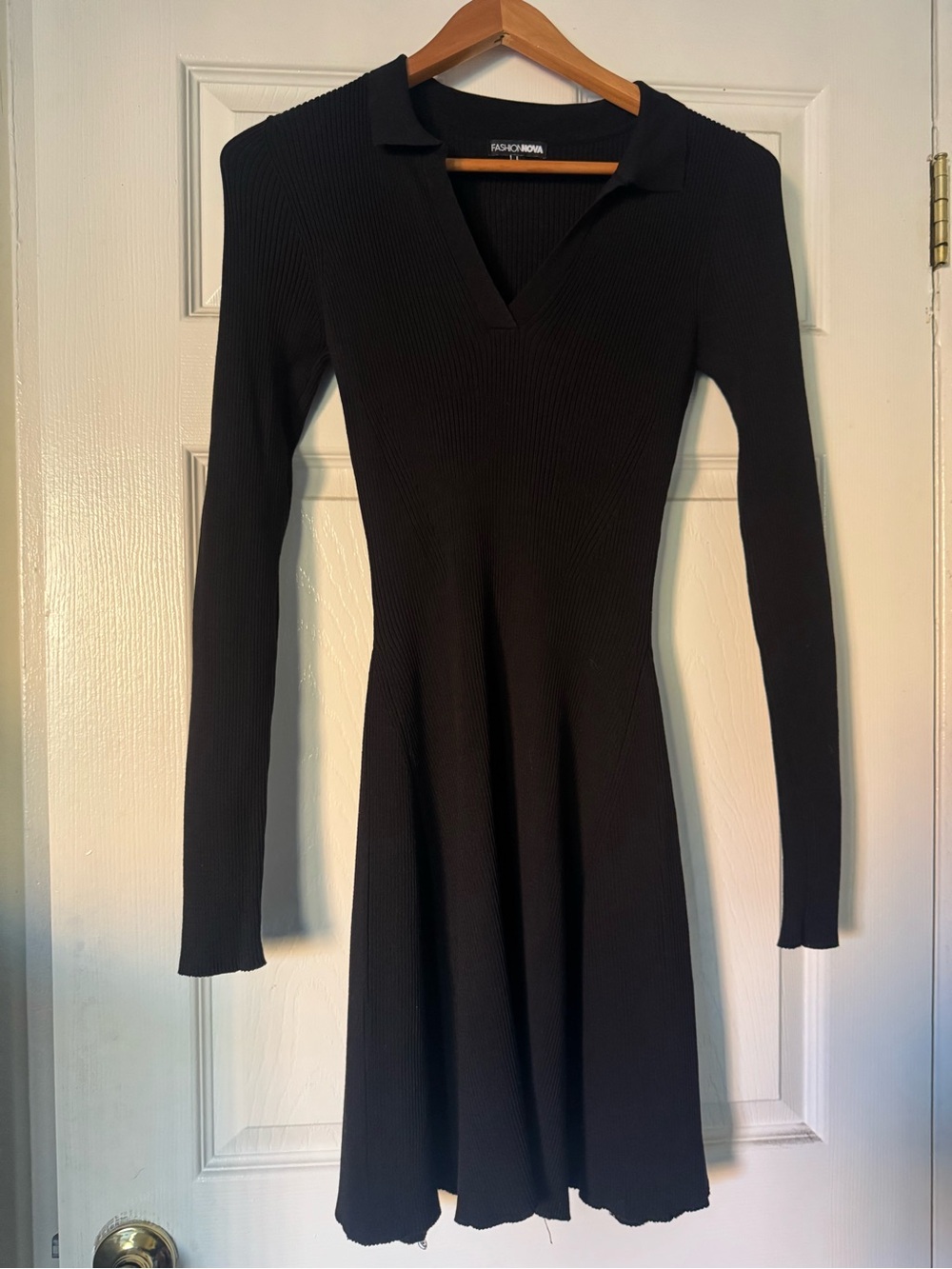 Fashion Nova Black Ribbed Long-Sleeve Collared Fit-and-Flare Dress